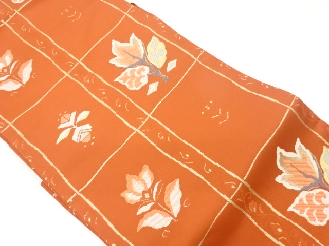 リサイクル　縞に唐草・格子模様織出し名古屋帯